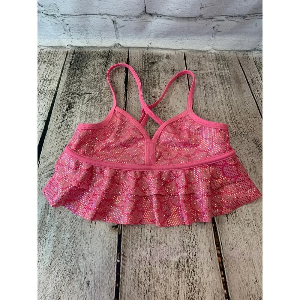 JUSTICE Girl’s Pink Silver Ruffled Tankini Top / Size: 8